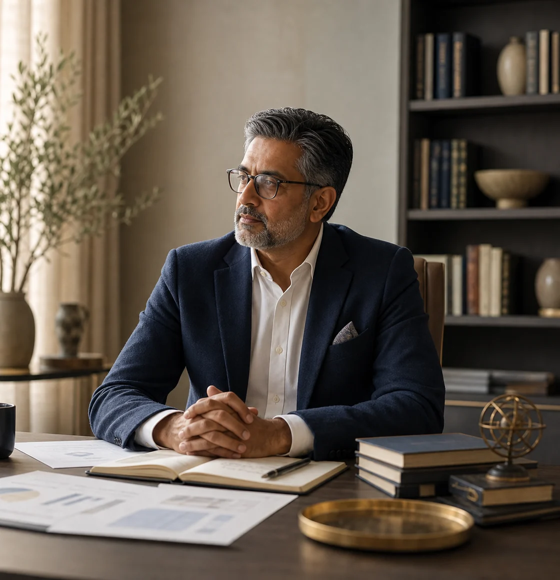 Experienced Indian advisor seated in a refined workspace, conveying calm authority before the first meeting.
